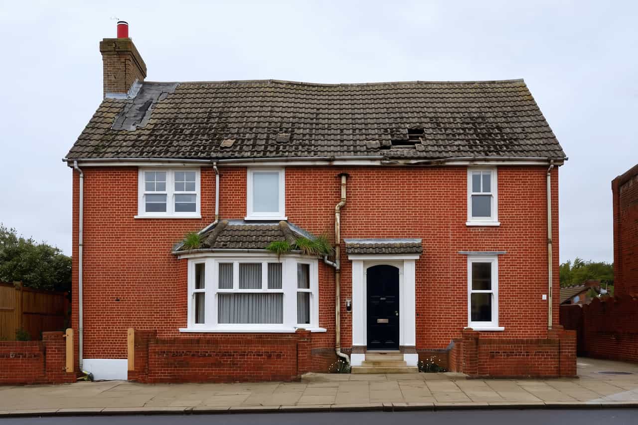 The front roof slope of a 1930s semi-detached house before work: slipped concrete tiles, heavy moss and patched felt around the chimney